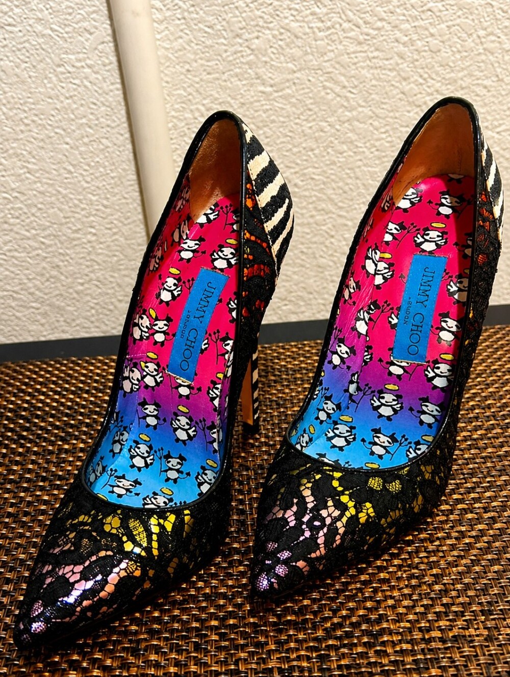 Jimmy Choo. 8 EUC Black Lace Pointed Pumps with Zebra-Print Heel